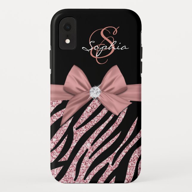 Rose Gold Glitter Black Zebra Stripes Bow Monogram Case-Mate iPhone Case (Back)