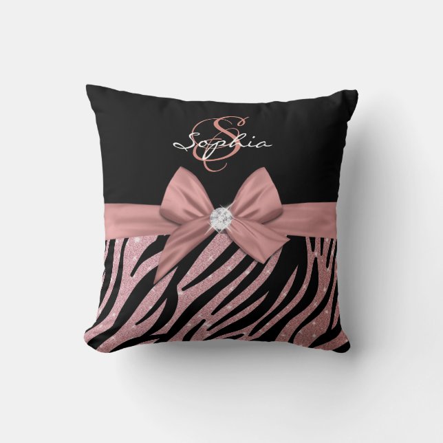 Rose Gold Glitter Black Zebra Stripes Bow Monogram Cushion (Front)
