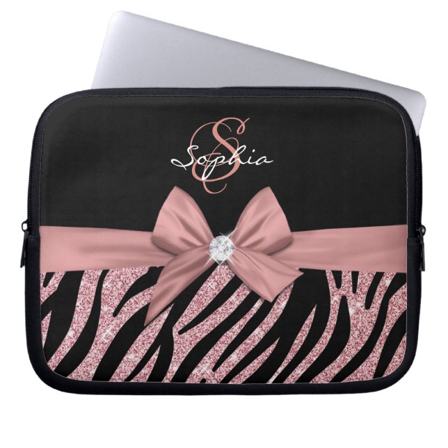 Rose Gold Glitter Black Zebra Stripes Bow Monogram Laptop Sleeve (Front)