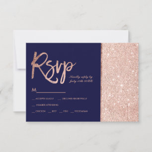 Rose gold glitter block navy blue rsvp wedding card