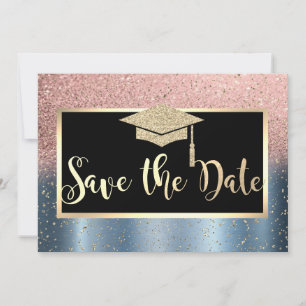 Rose Gold Glitter Blue Graduation Save The Date
