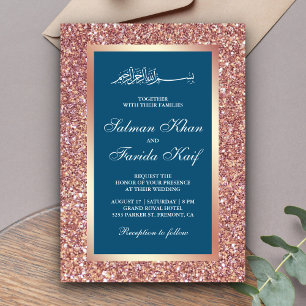 Rose Gold Glitter Blue Islamic Muslim Wedding Invitation