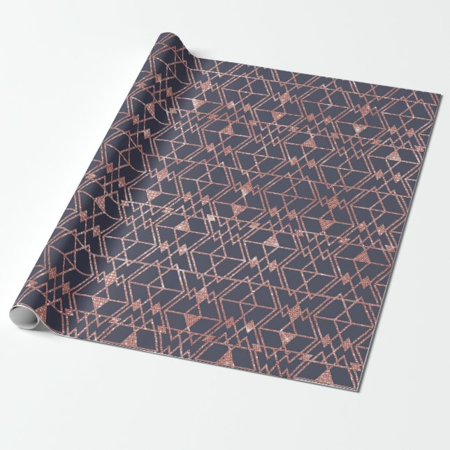 Rose Gold Glitter Blue Triangle Tribal Geometric Wrapping Paper (Unrolled)