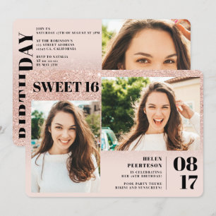 Rose gold glitter blush 3 photos Sweet 16 birthday Invitation