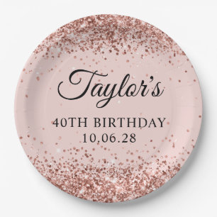 Rose Gold Glitter Blush 40th Birthday Paper Plate