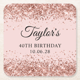 Rose Gold Glitter Blush 40th Birthday Square Paper Coaster