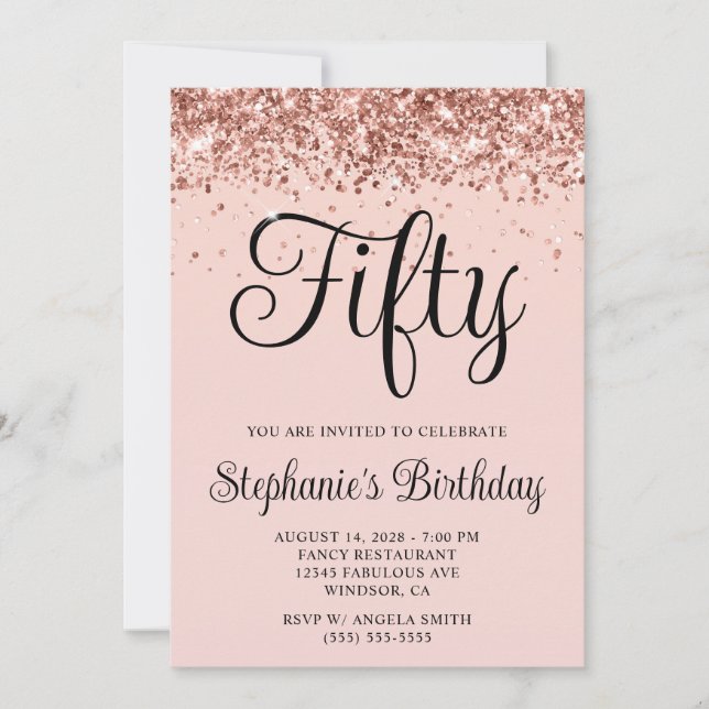 Rose Gold Glitter Blush 50th Birthday Invitation (Front)