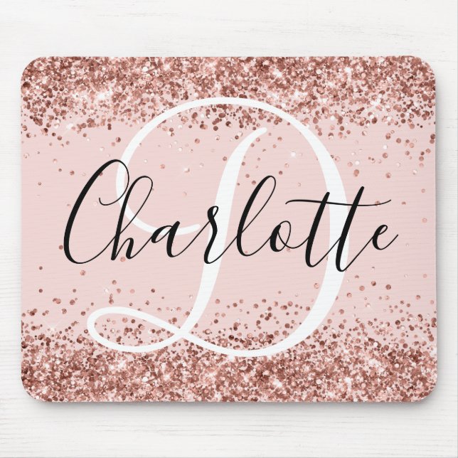 Rose Gold Glitter Blush Black and White Monogram Mouse Pad (Front)