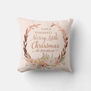 Rose Gold Glitter Blush Floral Wreath Christmas Cushion