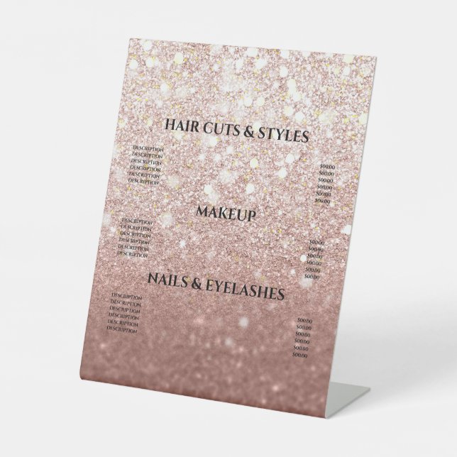 Rose Gold Glitter Blush Hair Makeup Salon Price Pedestal Sign (Front)
