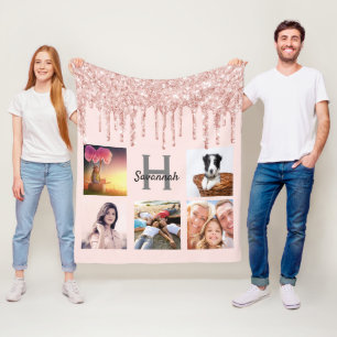 Rose gold glitter blush name monogram photo fleece blanket