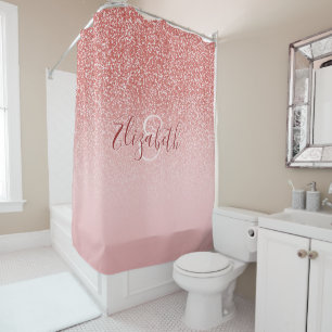 Rose Gold Glitter Blush Ombre Monogram Shower Curtain