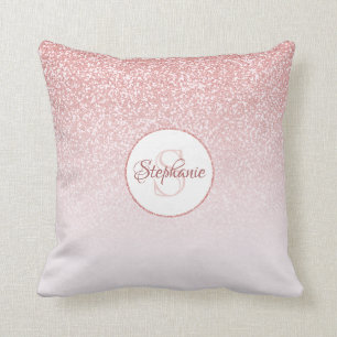 Rose Gold Glitter Blush Ombre Round Monogram Cushion