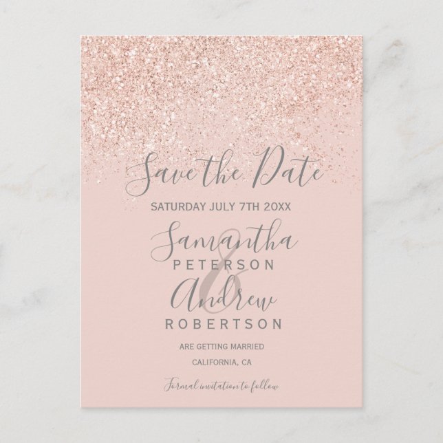 Rose gold glitter blush pink elegant save the date announcement postcard (Front)