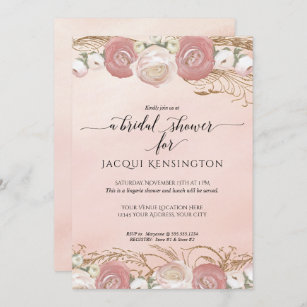 Rose Gold Glitter Blush Pink Floral Bridal Shower Invitation