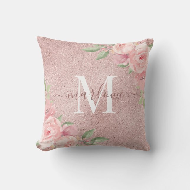 Rose Gold Glitter Blush Pink Floral Monogram Cushion (Front)