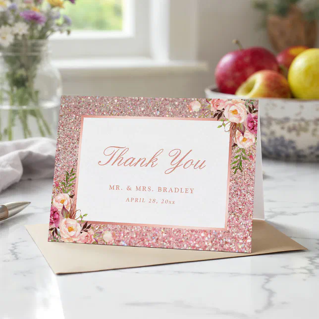 Rose Gold Glitter Blush Pink Floral Thank You Card | Zazzle