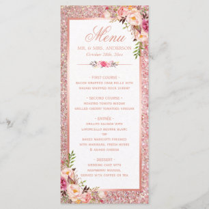 Rose Gold Glitter Blush Pink Floral Wedding Menu