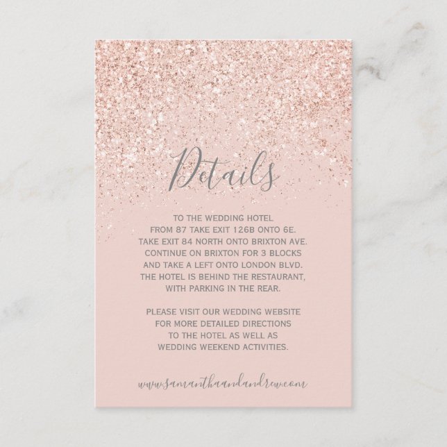Rose gold glitter blush pink grey wedding details enclosure card (Front)