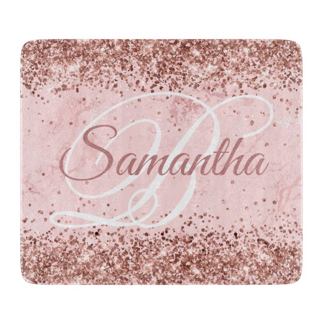 Rose Gold Glitter Blush Pink Marble Fancy Monogram Cutting Board (Front)