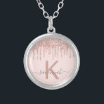 Rose gold glitter blush pink monogram elegant silver plated necklace<br><div class="desc">Girly, trendy and monogrammed. A feminine blush pink background decorated with faux rose gold glitter drips. Personalise and add a name and monogram letter. Grey and rose gold coloured letters. The name is written with a modern hand lettered style script with swashes. To keep the swashes only delete the sample...</div>