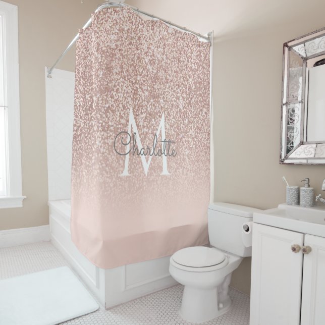 Rose Gold Glitter Blush Pink Monogram Girly Script Shower Curtain (In Situ)