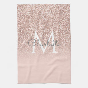 Rose Gold Glitter Blush Pink Monogram Girly Tea Towel