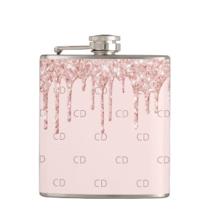 Rose gold glitter blush pink monogram initials hip flask