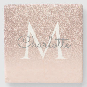 Rose Gold Glitter Blush Pink Monogram Stone Coaster