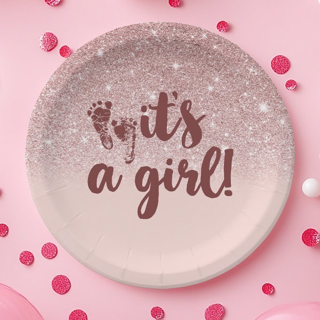 Rose Gold Glitter Blush Pink Ombre Its A Girl Baby Paper Plate (Creator Uploaded)