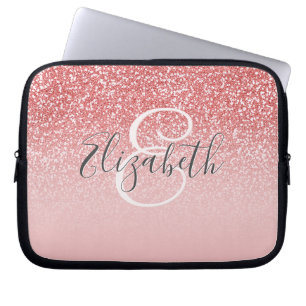 Rose Gold Glitter Blush Pink Ombre Monogram Name Laptop Sleeve