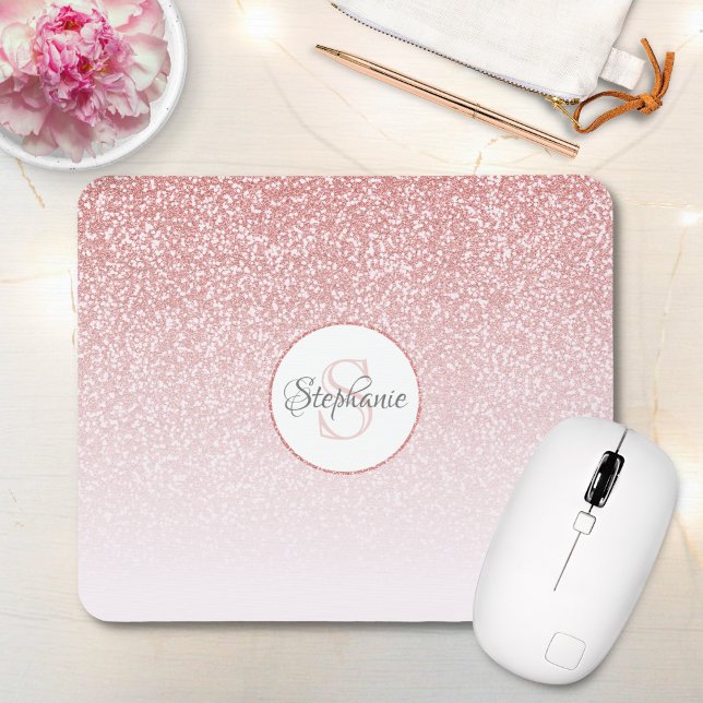 Rose Gold Glitter Blush Pink Ombre Monogram Name Mouse Pad (Creator Uploaded)