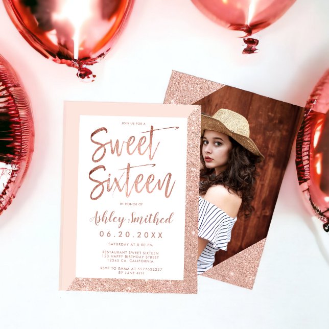 Rose gold glitter blush pink photo sweet sixteen invitation (Rose gold glitter blush pink photo sweet sixteen invitation)
