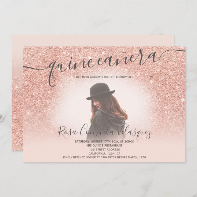 Rose gold glitter blush pink quinceanera photo invitation (Front/Back)