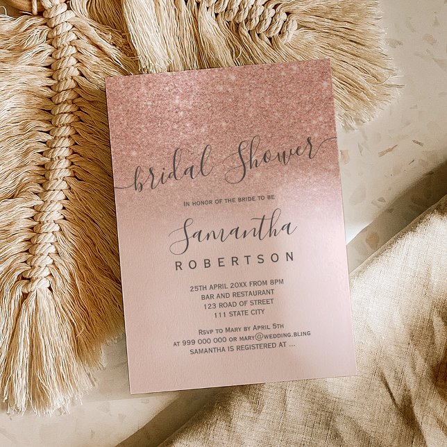 Rose gold glitter blush pink script bridal shower invitation (Creator Uploaded)