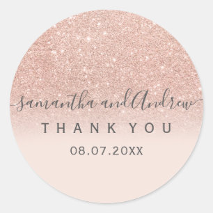 Rose gold glitter blush pink script Thank you Classic Round Sticker