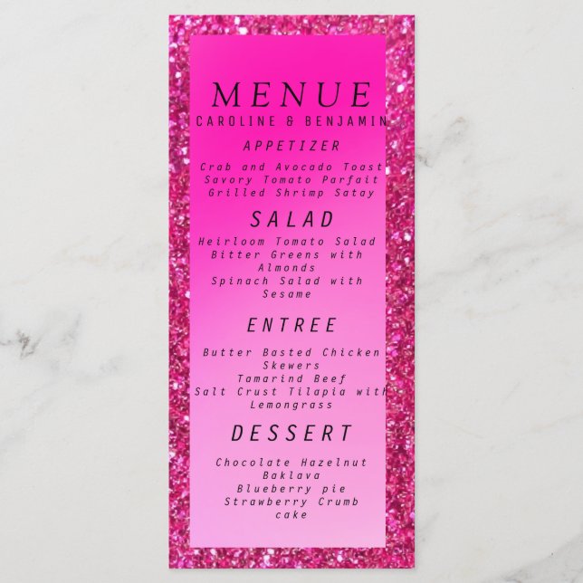 Rose gold glitter blush pink script wedding menu (Front)