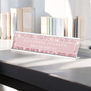 Rose Gold Glitter   Blush Pink Sparkle Modern Desk Name Plate