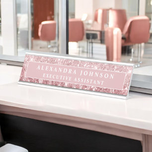 Rose Gold Glitter   Blush Pink Sparkle Modern Desk Name Plate