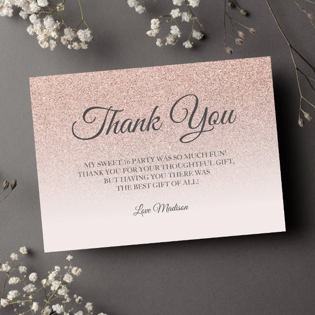 Rose gold glitter blush pink thank you Sweet 16 Card (Creator Uploaded)
