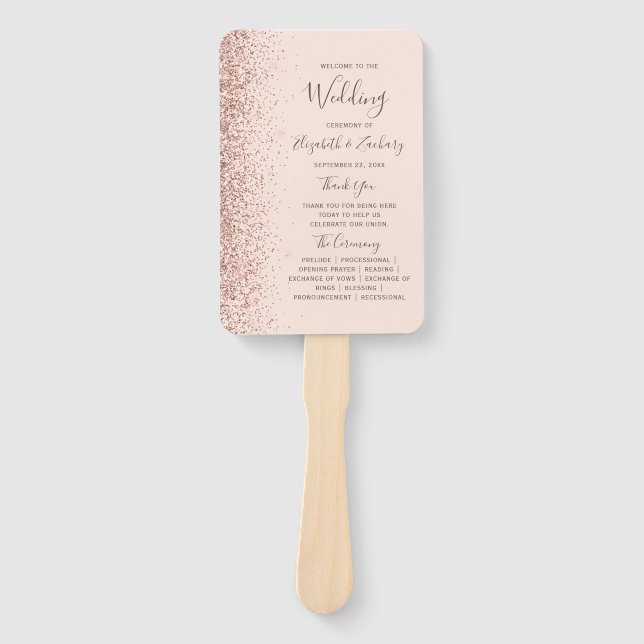 Rose Gold Glitter Blush Pink Wedding Program Hand Fan (Front)