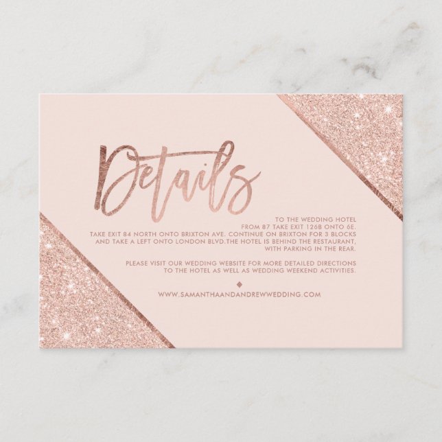 Rose gold glitter blush script wedding direction 2 enclosure card (Front)