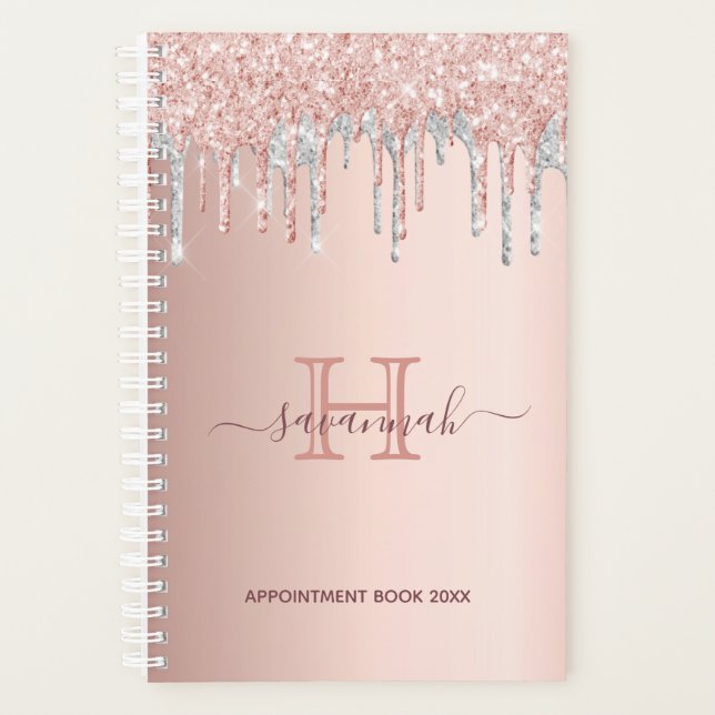 Rose gold glitter blush silver monogram planner (Front)