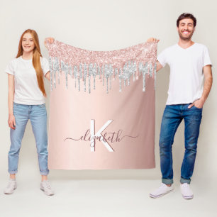 Rose gold glitter blush sparkle silver monogram fleece blanket