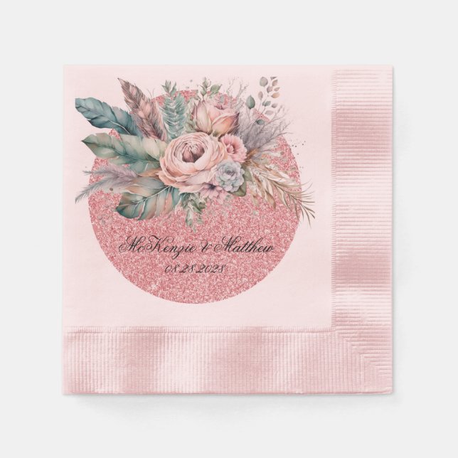 Rose Gold Glitter Boho Florals Feathers Wedding Napkin (Front)