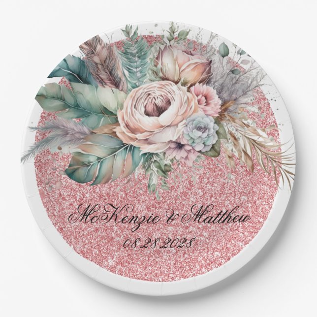 Rose Gold Glitter Boho Florals Feathers Wedding Paper Plate (Front)