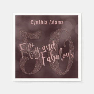 Rose Gold Glitter & Bokeh 50 & Fabulous Typography Napkin