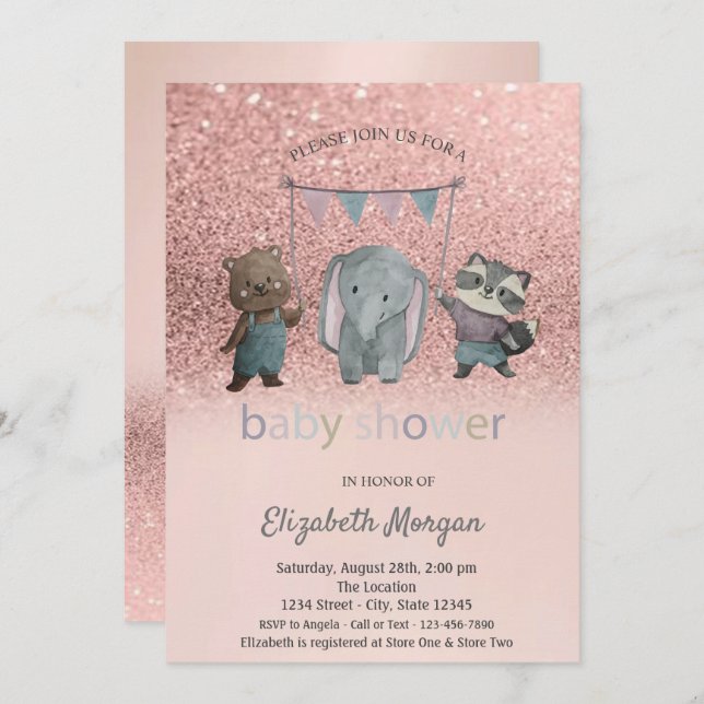 Rose Gold Glitter Bokeh,Animals Baby Shower Invitation (Front/Back)