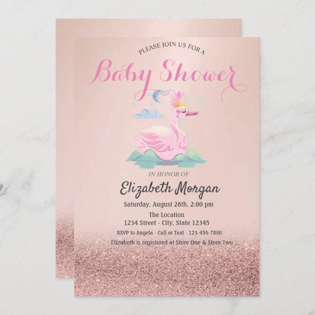 Rose Gold Glitter Bokeh,Baby Swan Baby Shower Invitation (Front/Back)
