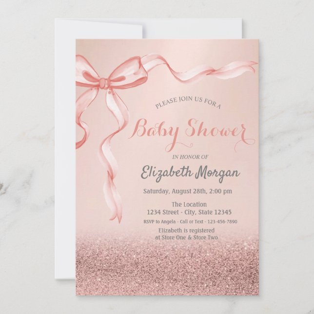 Rose Gold Glitter Bokeh,Bow Ribbon Baby Shower Invitation (Front)